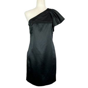 Milly of New York Black Satin One Shoulder Mini Cocktail Dress Wool Silk size 4